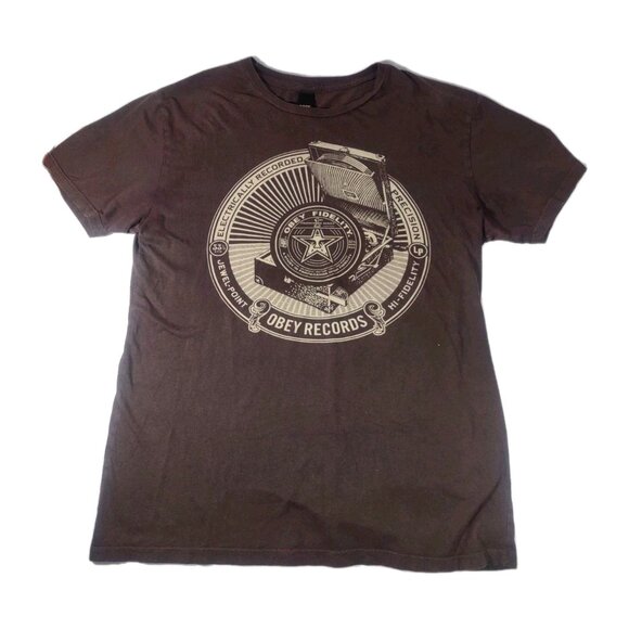 Obey Records Electrically Recorded Hi Fidelity Precision Adult L Brown TShirt - Picture 1 of 4